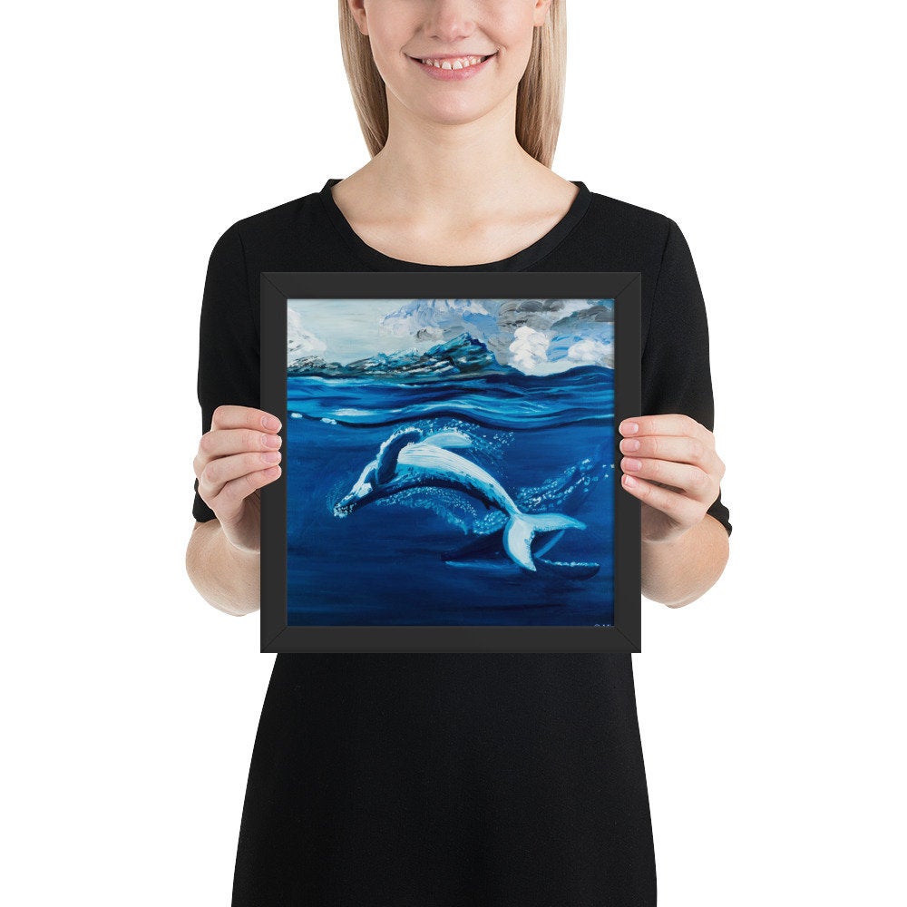 Framed poster, humpback whales, dancing whales painting, ocean mammals, oil painting, original, graceful whale, art, painting
