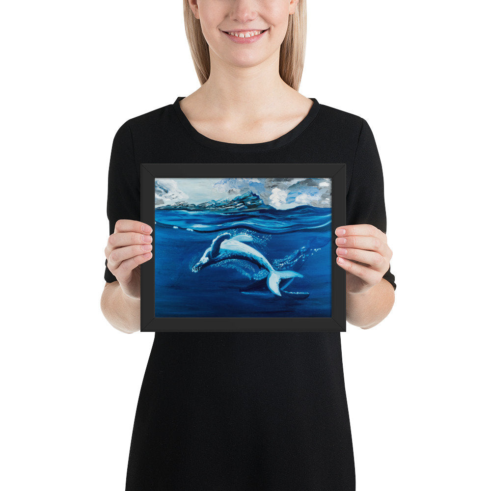 Framed poster, humpback whales, dancing whales painting, ocean mammals, oil painting, original, graceful whale, art, painting