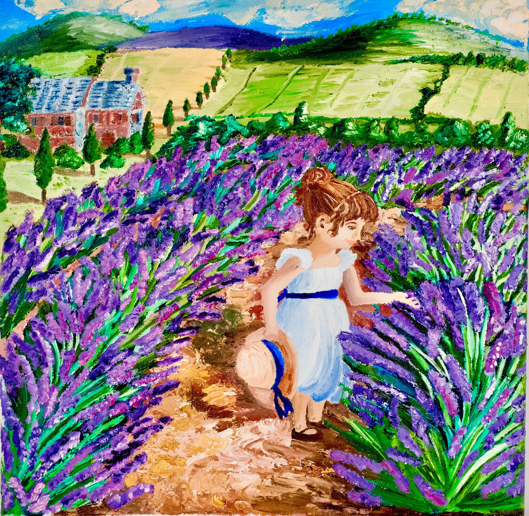 Lavender girl painting, oil painting, original painting lavender little girl, fine art painting of lavender field and little girl