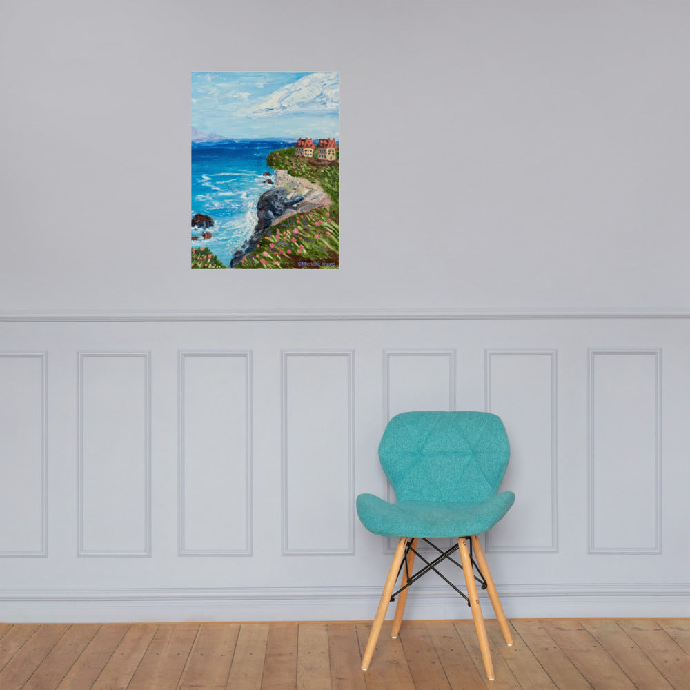 Seascape art print, cliff art print, house on a cliff, oil painting,