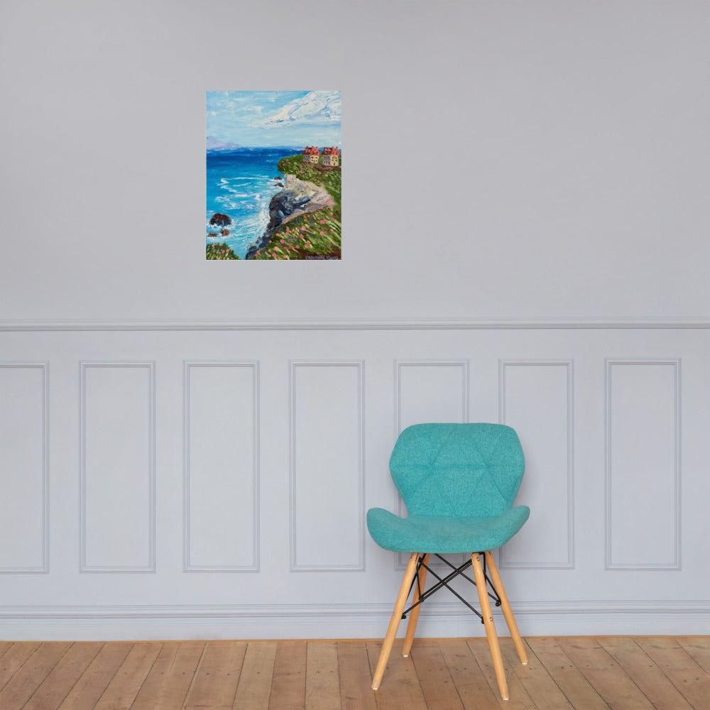Seascape art print, cliff art print, house on a cliff, oil painting,