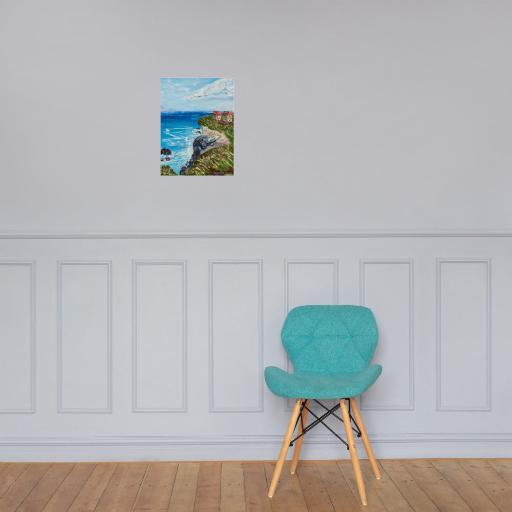 Seascape art print, cliff art print, house on a cliff, oil painting,