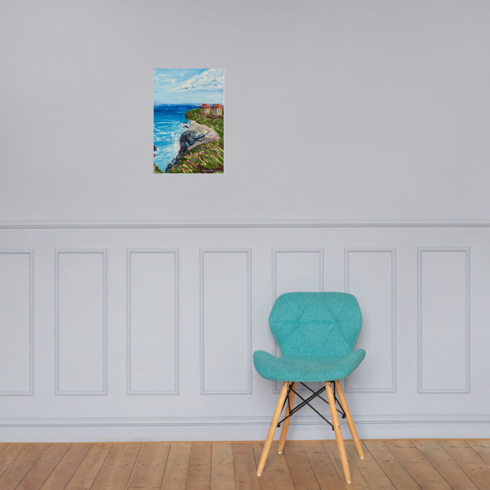 Seascape art print, cliff art print, house on a cliff, oil painting,